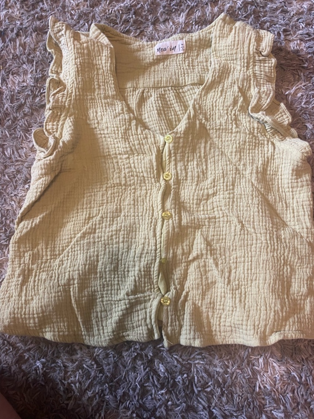 Women's dark Yellow Ruffle Sleeve Button Front Top 100% Cotton